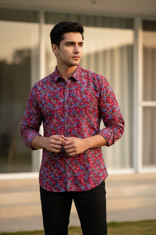 Southloom Jaipur Pure Cotton Block Printed Shirt for Men in Full Sleeve (3XL)