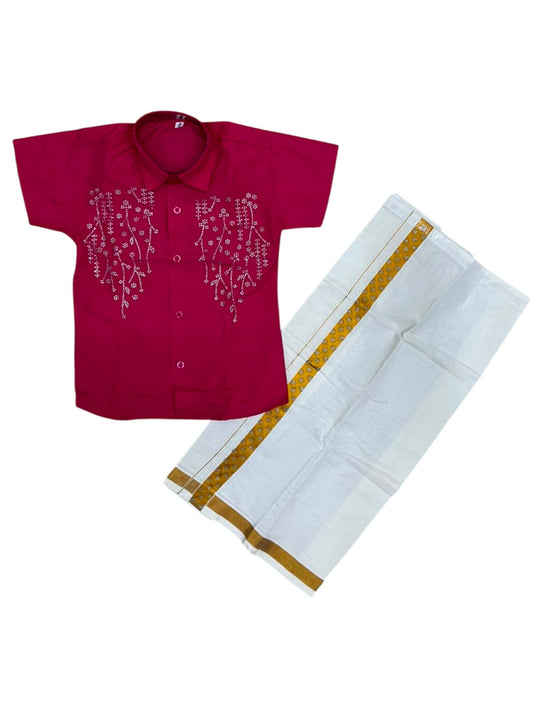 Southloom Cotton Stone Work Kids's Combo (Shirt + Velcro Mundu) SLKCOMBO