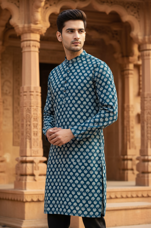Southloom Pure Cotton Jaipur Printed Long Kurta for Men