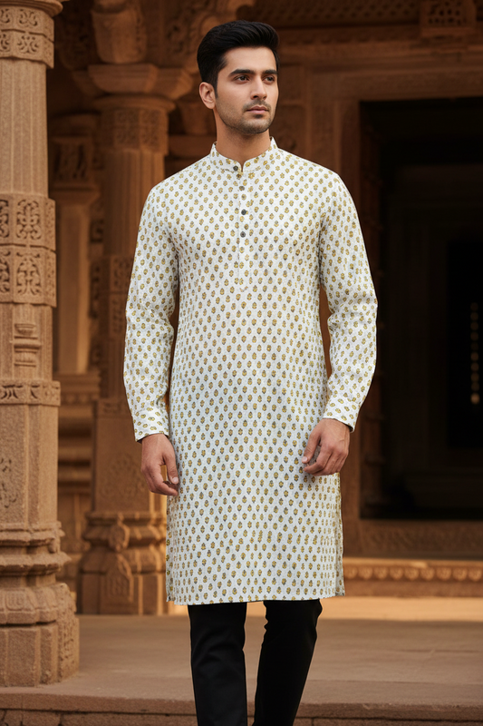 Southloom Pure Cotton Jaipur Printed Long Kurta for Men
