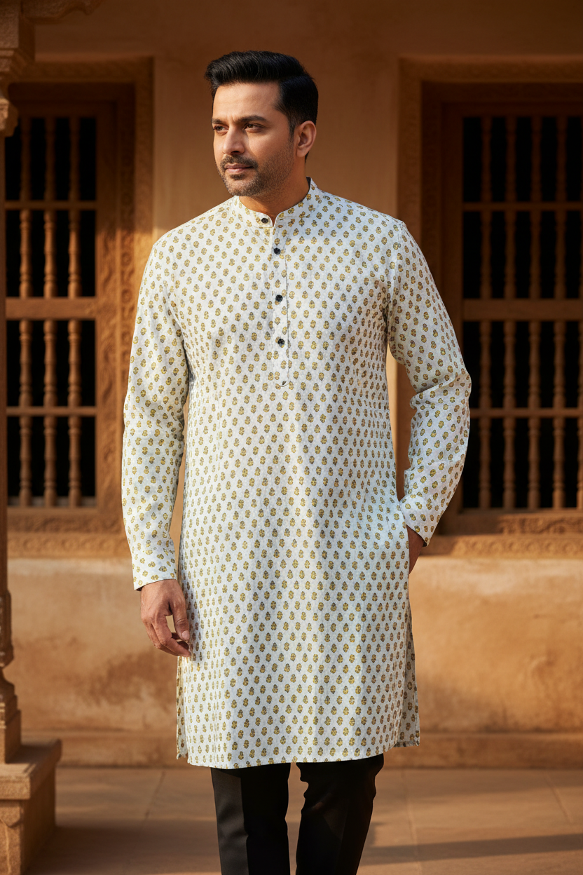 Southloom Pure Cotton Jaipur Printed Long Kurta for Men