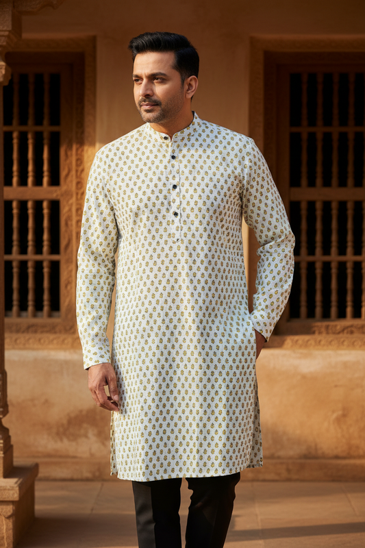 Southloom Pure Cotton Jaipur Printed Long Kurta for Men