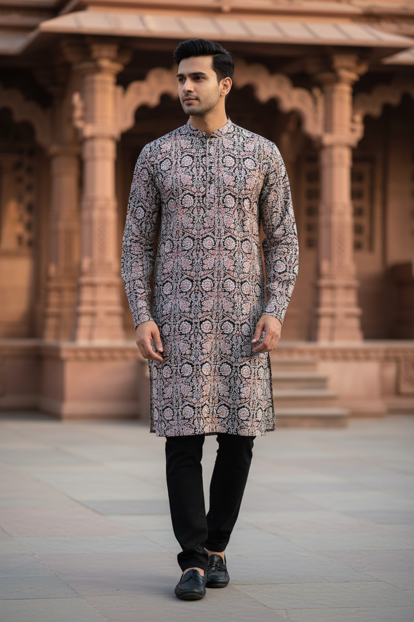 Southloom Pure Cotton Jaipur Printed Long Kurta for Men
