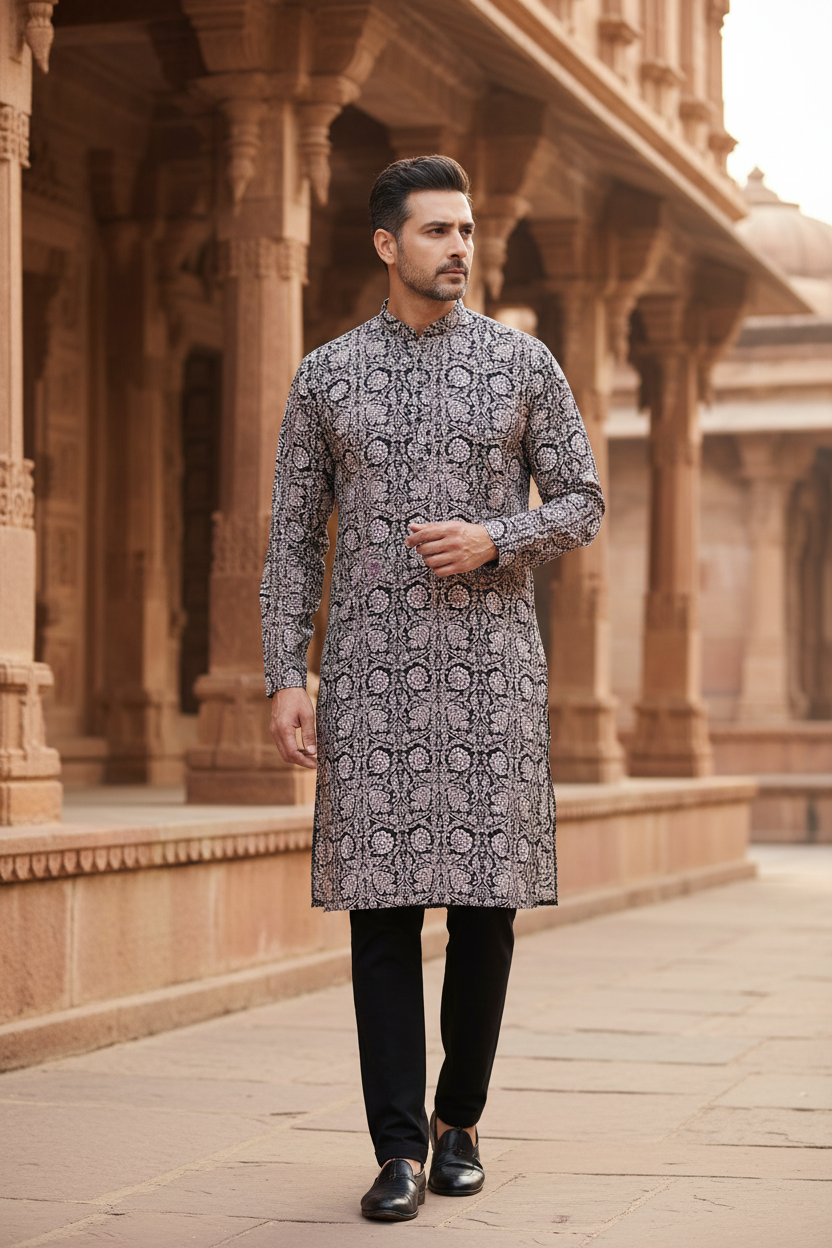 Southloom Pure Cotton Jaipur Printed Long Kurta for Men