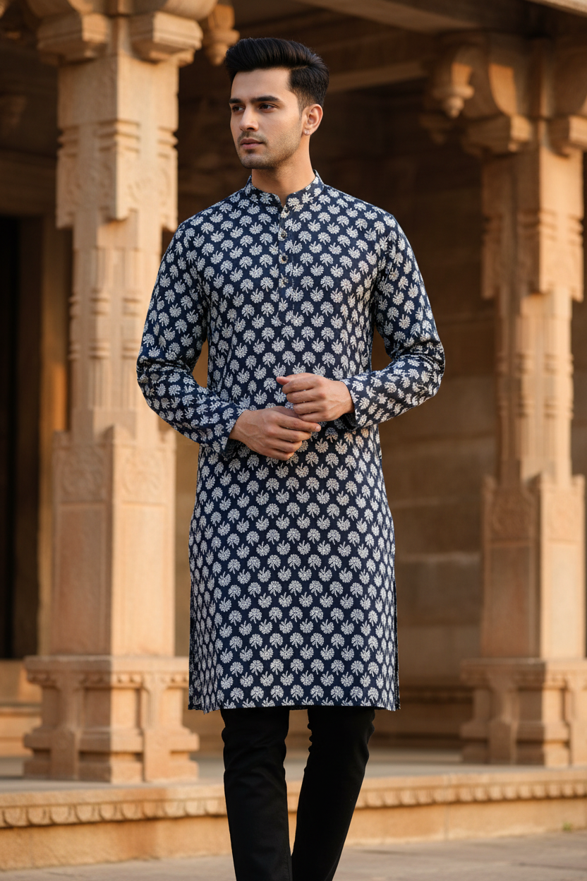 Southloom Pure Cotton Jaipur Printed Long Kurta for Men