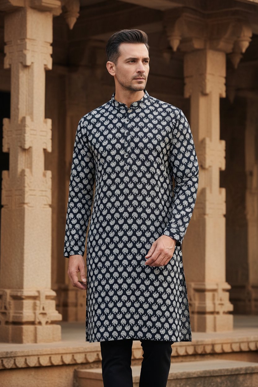 Southloom Pure Cotton Jaipur Printed Long Kurta for Men