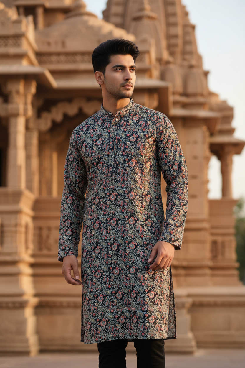 Southloom Pure Cotton Jaipur Printed Long Kurta for Men