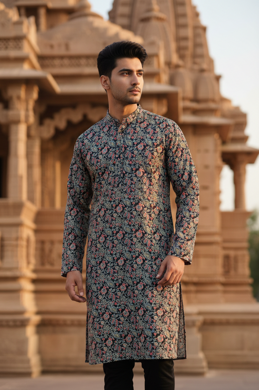 Southloom Pure Cotton Jaipur Printed Long Kurta for Men