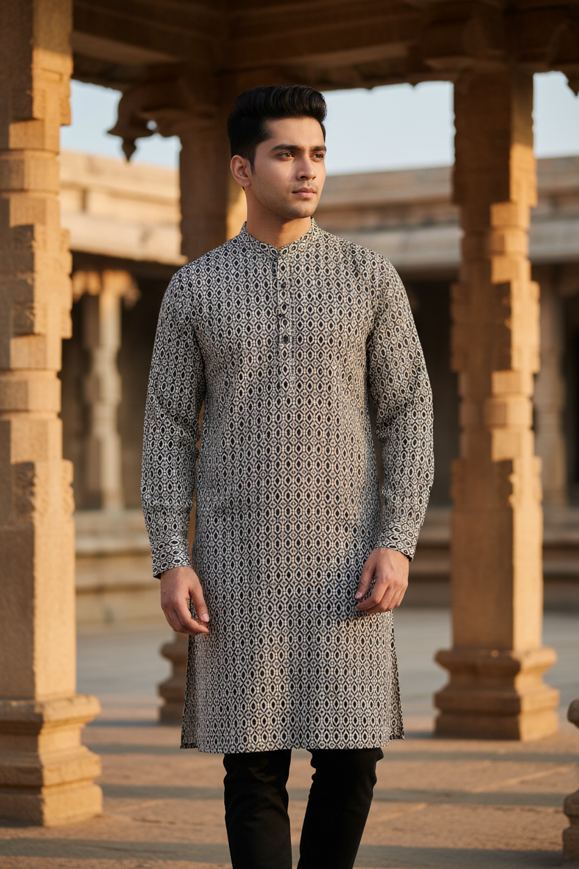 Southloom Pure Cotton Jaipur Printed Long Kurta for Men