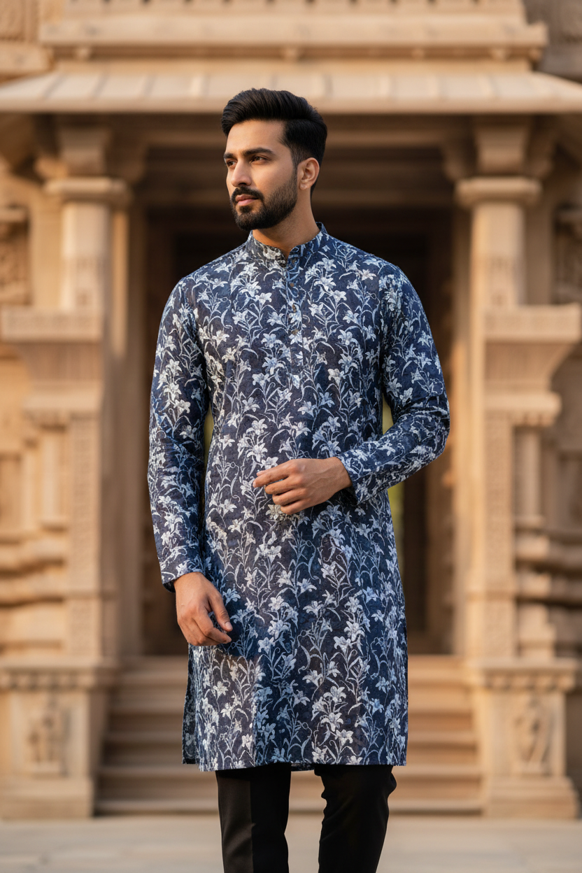 Southloom Pure Cotton Jaipur Printed Long Kurta for Men