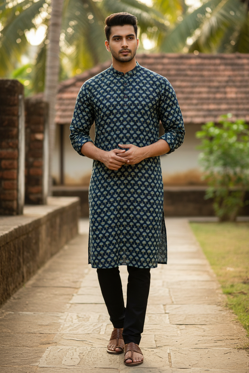 Southloom Pure Cotton Jaipur Printed Long Kurta for Men