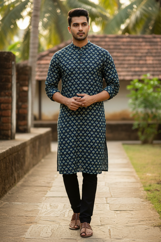 Southloom Pure Cotton Jaipur Printed Long Kurta for Men