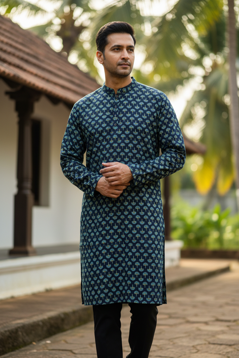 Southloom Pure Cotton Jaipur Printed Long Kurta for Men