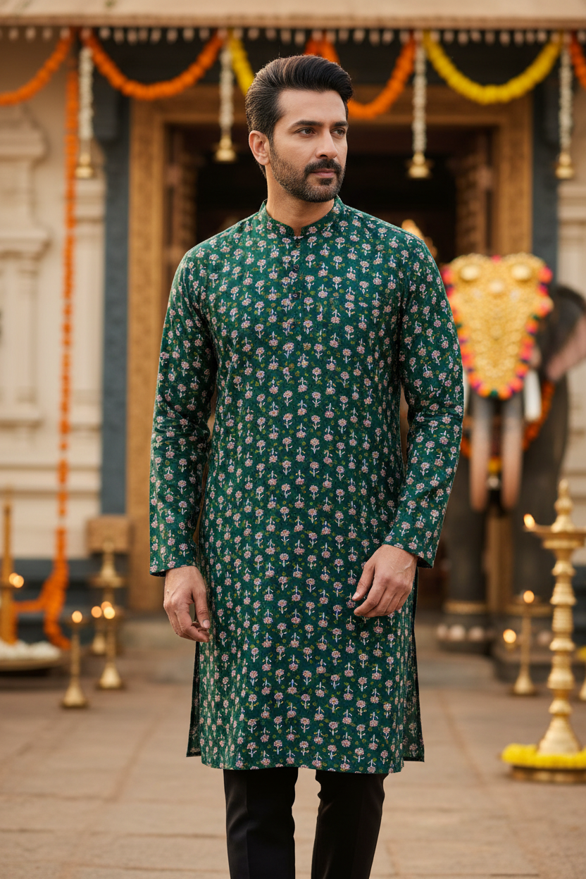 Southloom Pure Cotton Jaipur Printed Long Kurta for Men