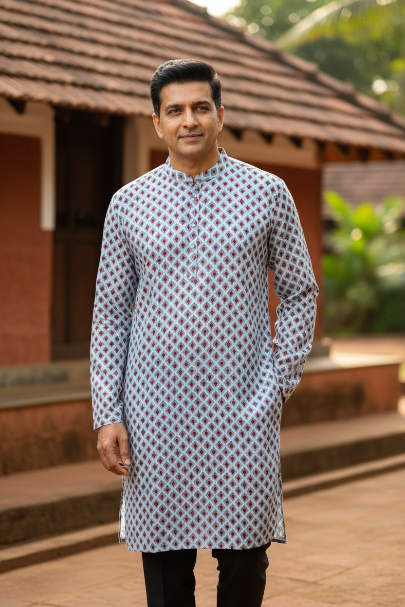 Southloom Pure Cotton Jaipur Printed Long Kurta for Men