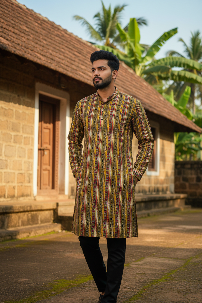 Southloom Pure Cotton Jaipur Printed Long Kurta for Men