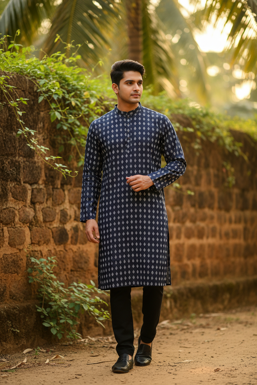 Southloom Pure Cotton Jaipur Printed Long Kurta for Men
