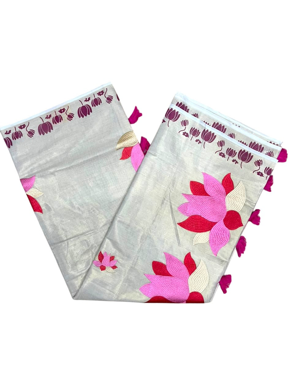 Southloom Kerala Tissue Pink Lotus Embroidery Design on the Body With Pink Tussles SL550