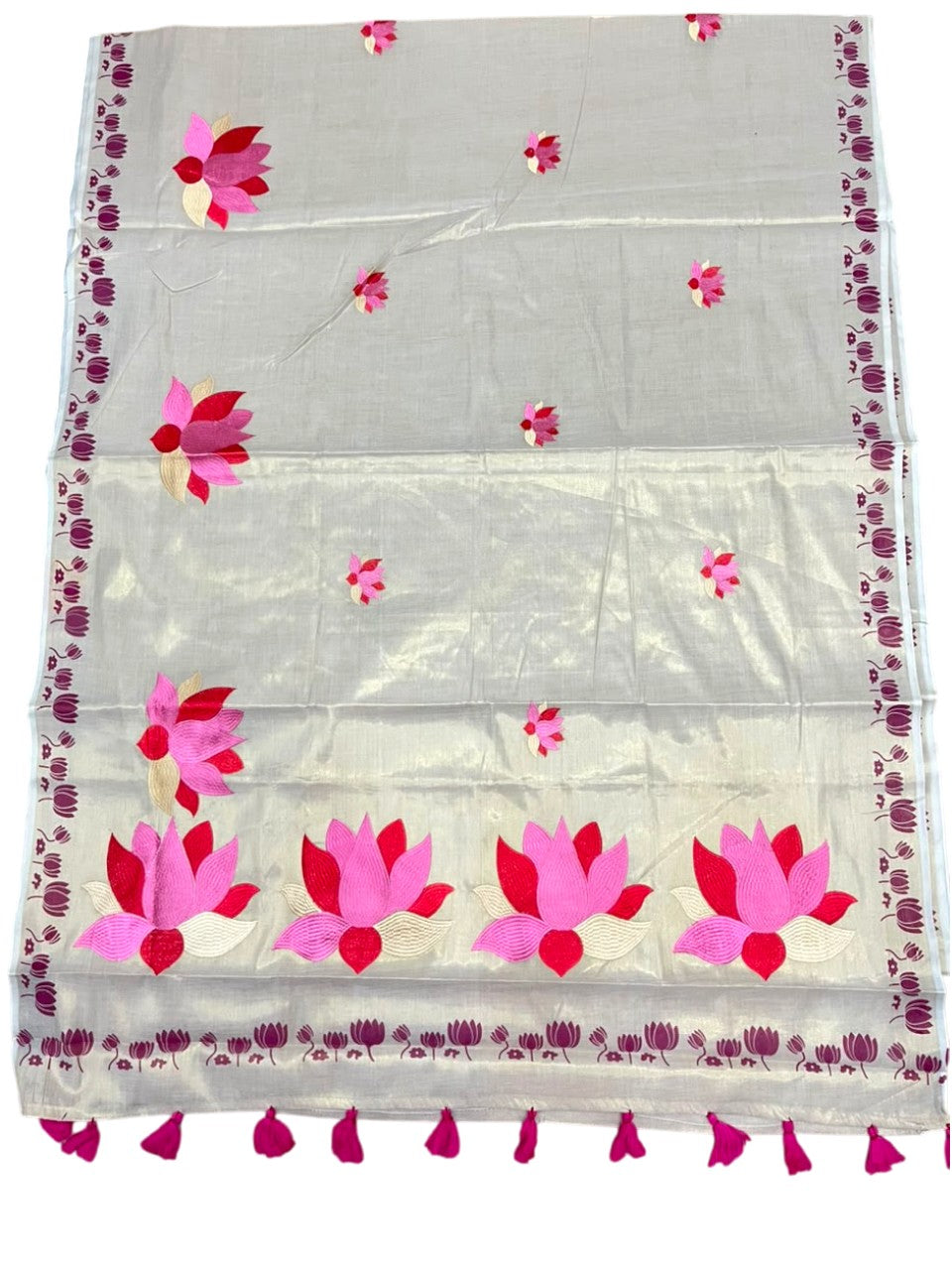 Southloom Kerala Tissue Pink Lotus Embroidery Design on the Body With Pink Tussles SL550