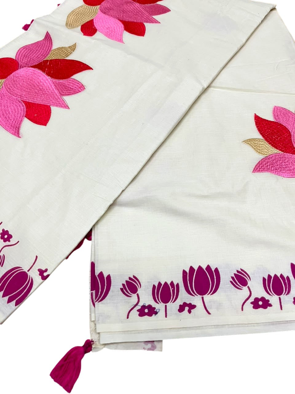 Southloom Kerala Cotton Pink Lotus Embroidery Design on the Body With Pink Tussles SL550