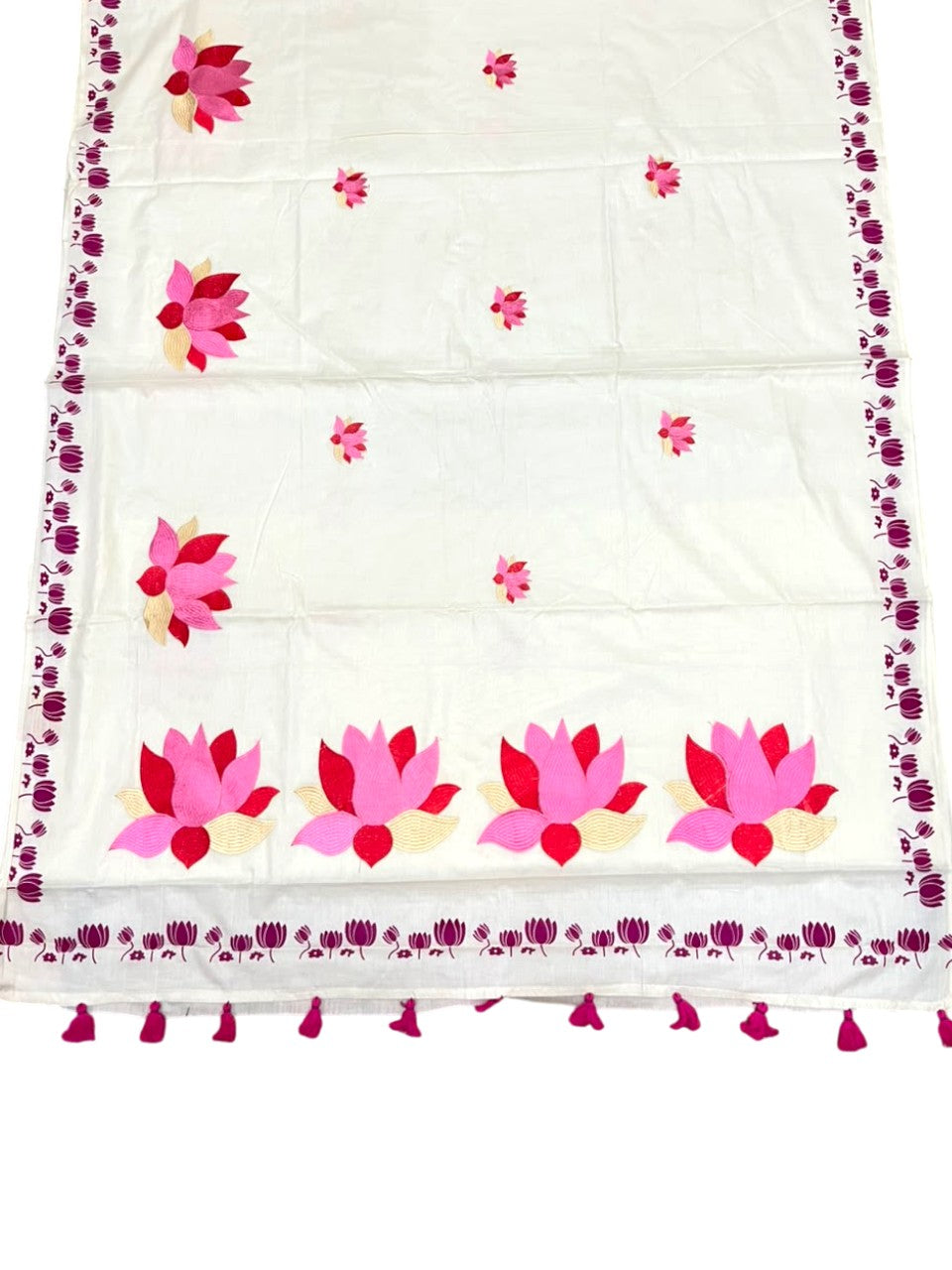 Southloom Kerala Cotton Pink Lotus Embroidery Design on the Body With Pink Tussles SL550