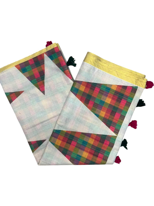Southloom Kerala Tissue Madras Check Design And Temple Border on the Body WIth Tussles SL551