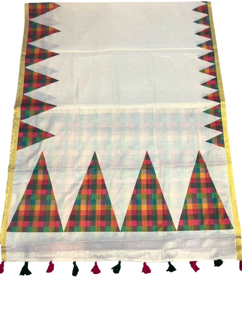 Southloom Kerala Tissue Madras Check Design And Temple Border on the Body WIth Tussles SL551