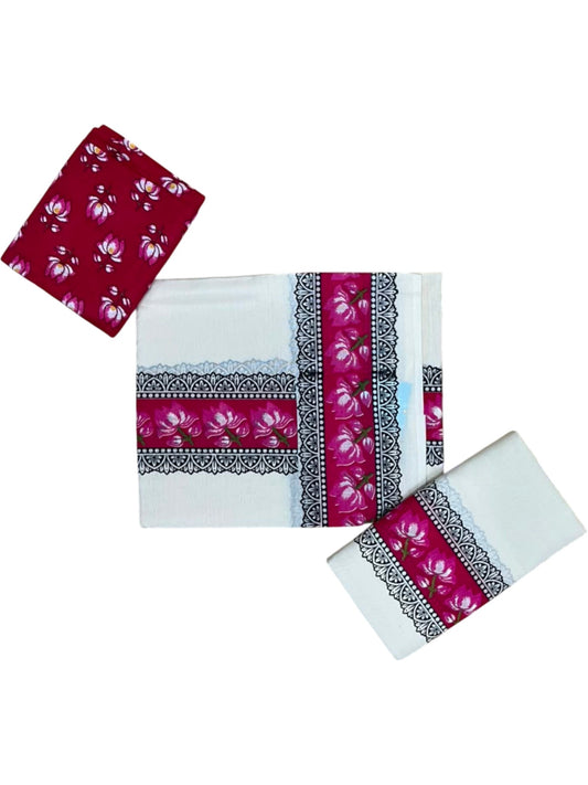Southloom Pure Cotton Kerala Single Set Mundu (Mundum Neriyathum) with Lotus Digital Prints in Pink 2.80 Mtrs SL549