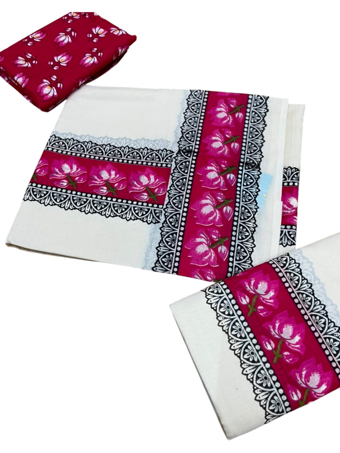 Southloom Pure Cotton Kerala Single Set Mundu (Mundum Neriyathum) with Lotus Digital Prints in Pink 2.80 Mtrs SL549