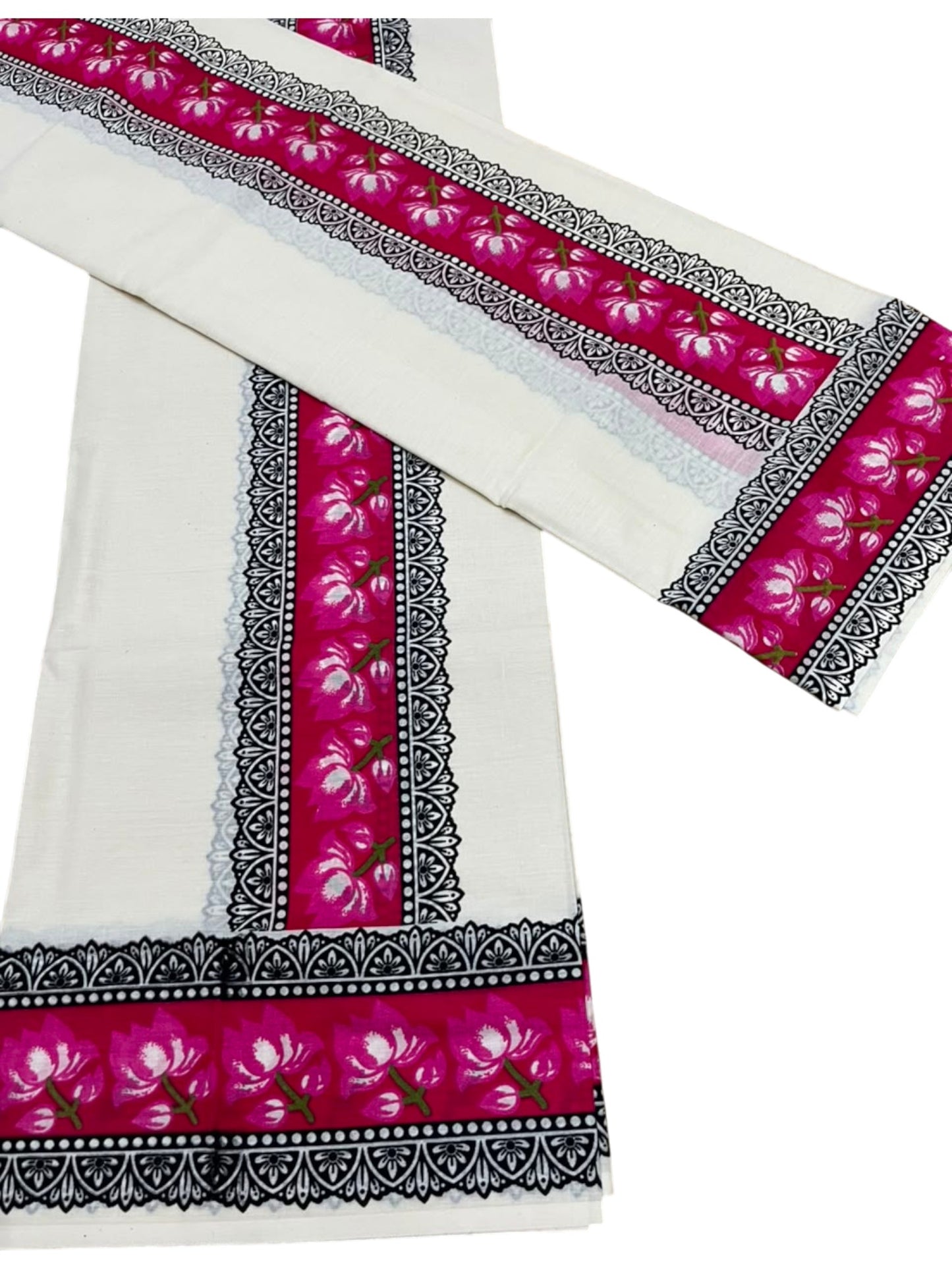 Southloom Pure Cotton Kerala Single Set Mundu (Mundum Neriyathum) with Lotus Digital Prints in Pink 2.80 Mtrs SL549