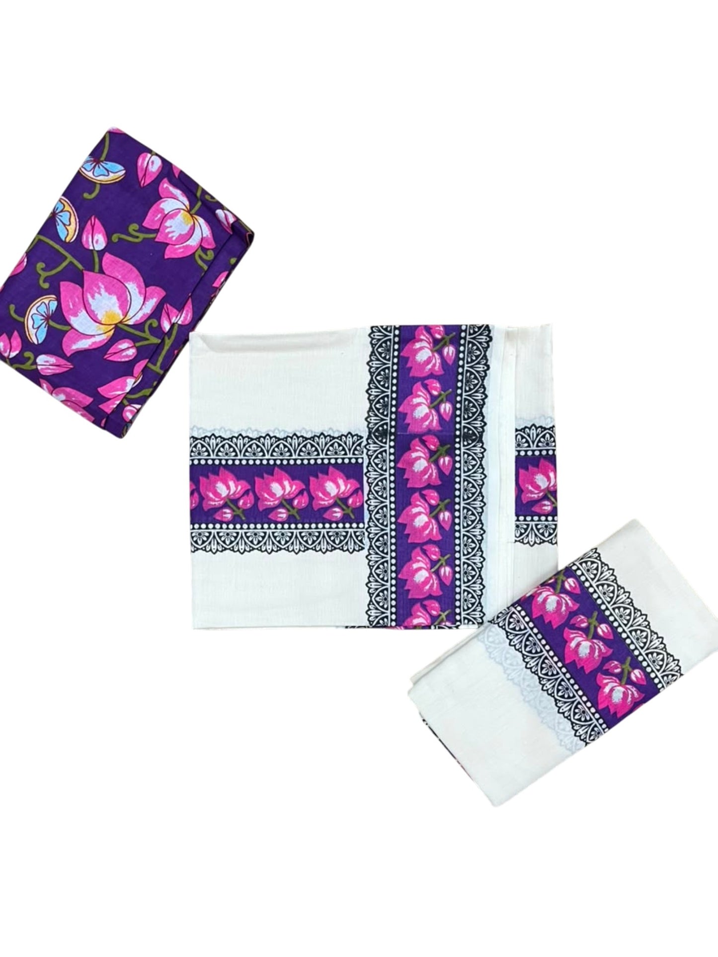 Southloom Pure Cotton Kerala Single Set Mundu (Mundum Neriyathum) with Lotus Digital Prints in Purple 2.80 Mtrs SL549