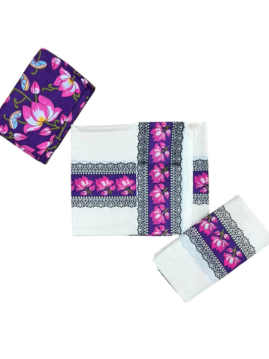 Southloom Pure Cotton Kerala Single Set Mundu (Mundum Neriyathum) with Lotus Digital Prints in Purple 2.80 Mtrs SL549