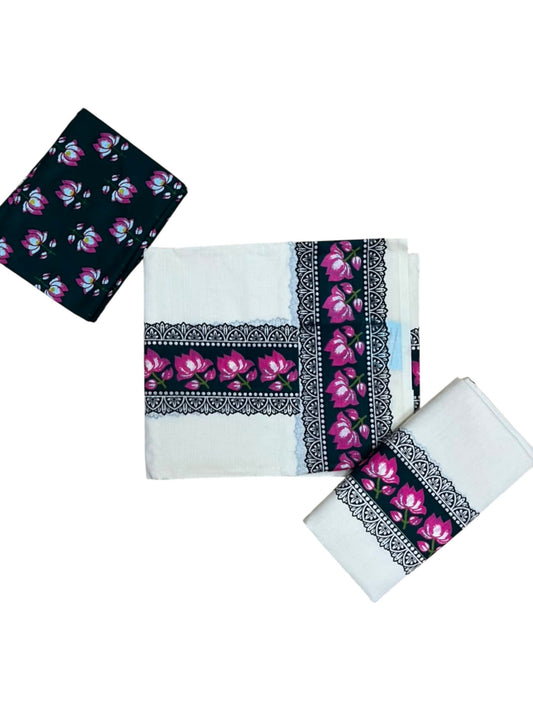 Southloom Pure Cotton Kerala Single Set Mundu (Mundum Neriyathum) with Lotus Digital Prints in Green 2.80 Mtrs SL549