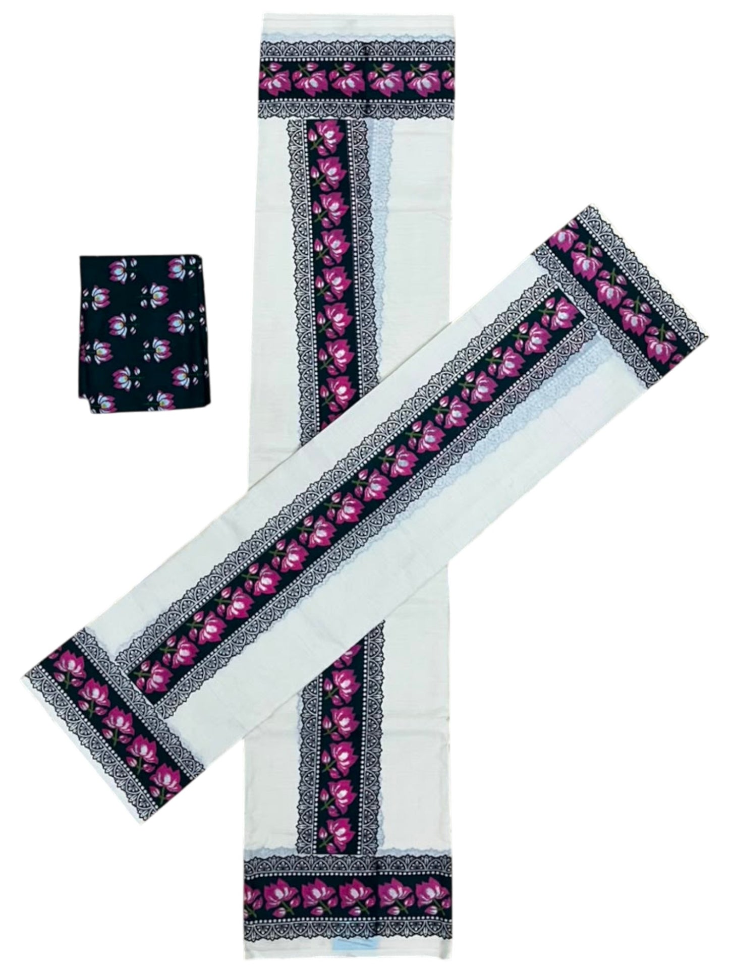 Southloom Pure Cotton Kerala Single Set Mundu (Mundum Neriyathum) with Lotus Digital Prints in Green 2.80 Mtrs SL549