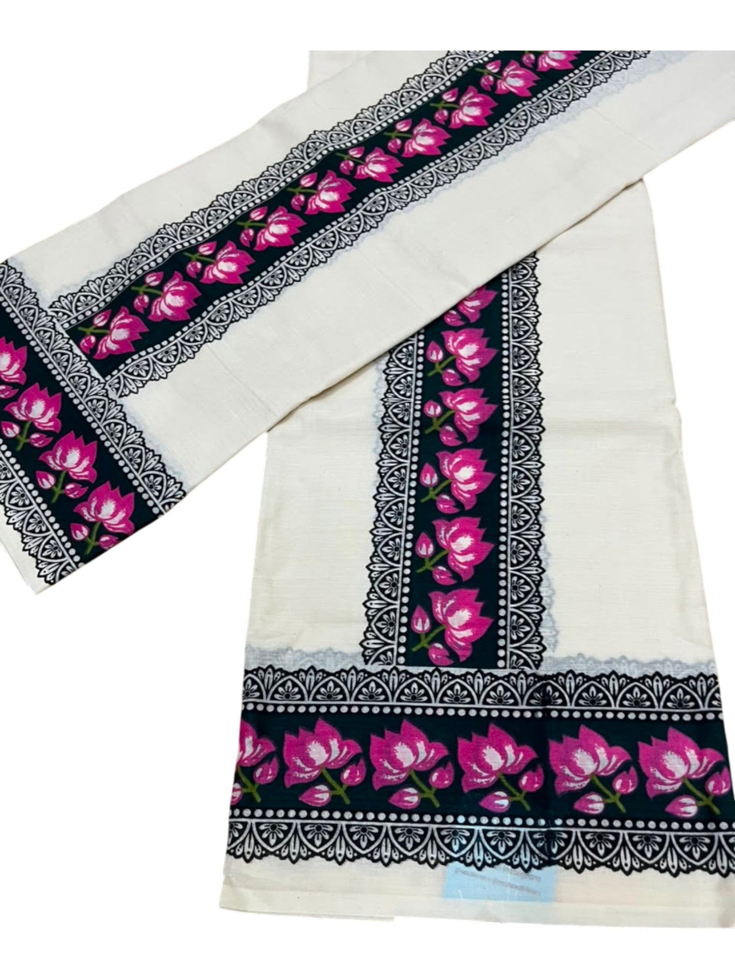 Southloom Pure Cotton Kerala Single Set Mundu (Mundum Neriyathum) with Lotus Digital Prints in Green 2.80 Mtrs SL549