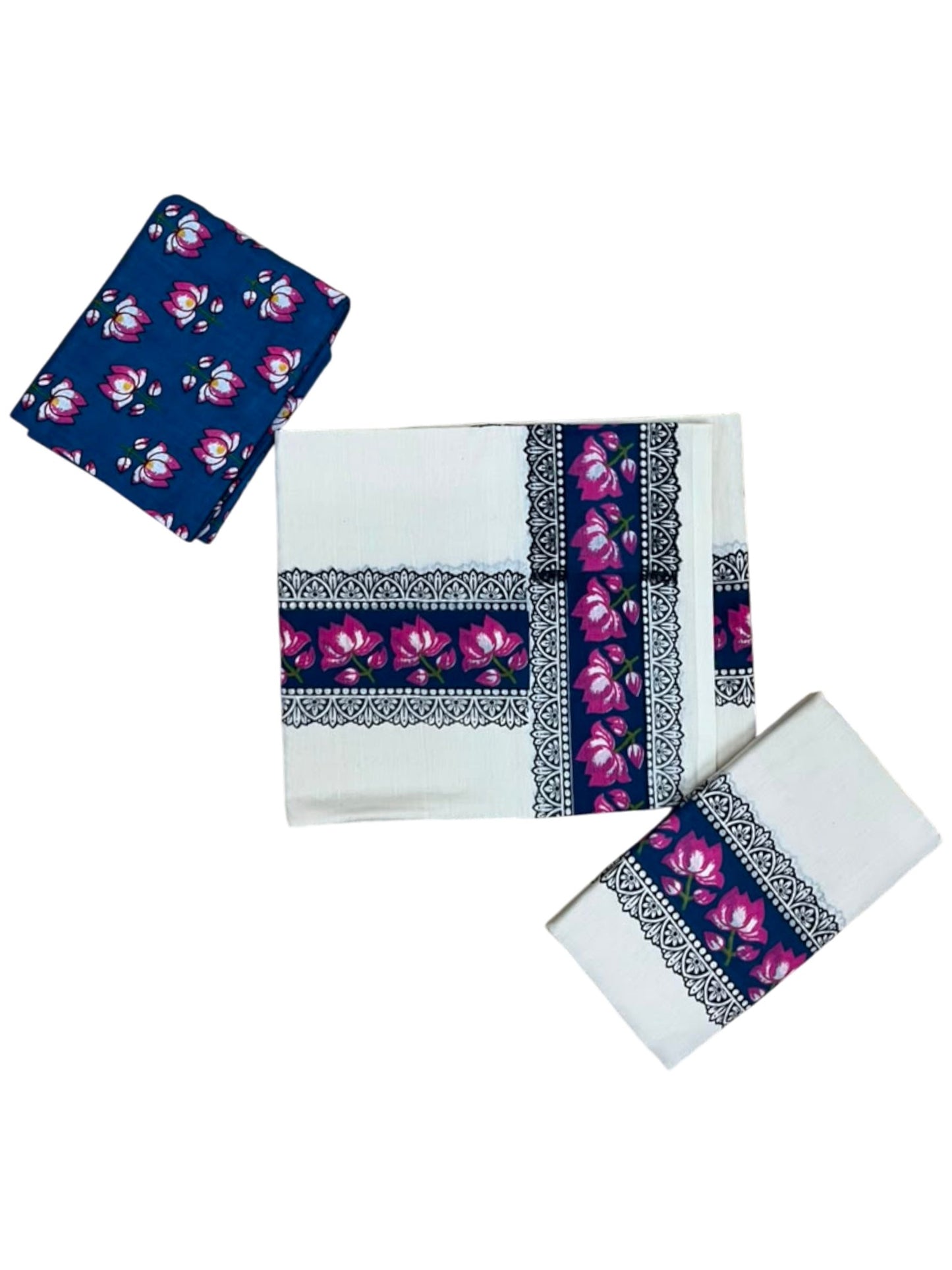 Southloom Pure Cotton Kerala Single Set Mundu (Mundum Neriyathum) with Lotus Digital Prints in Blue2.80 Mtrs SL549