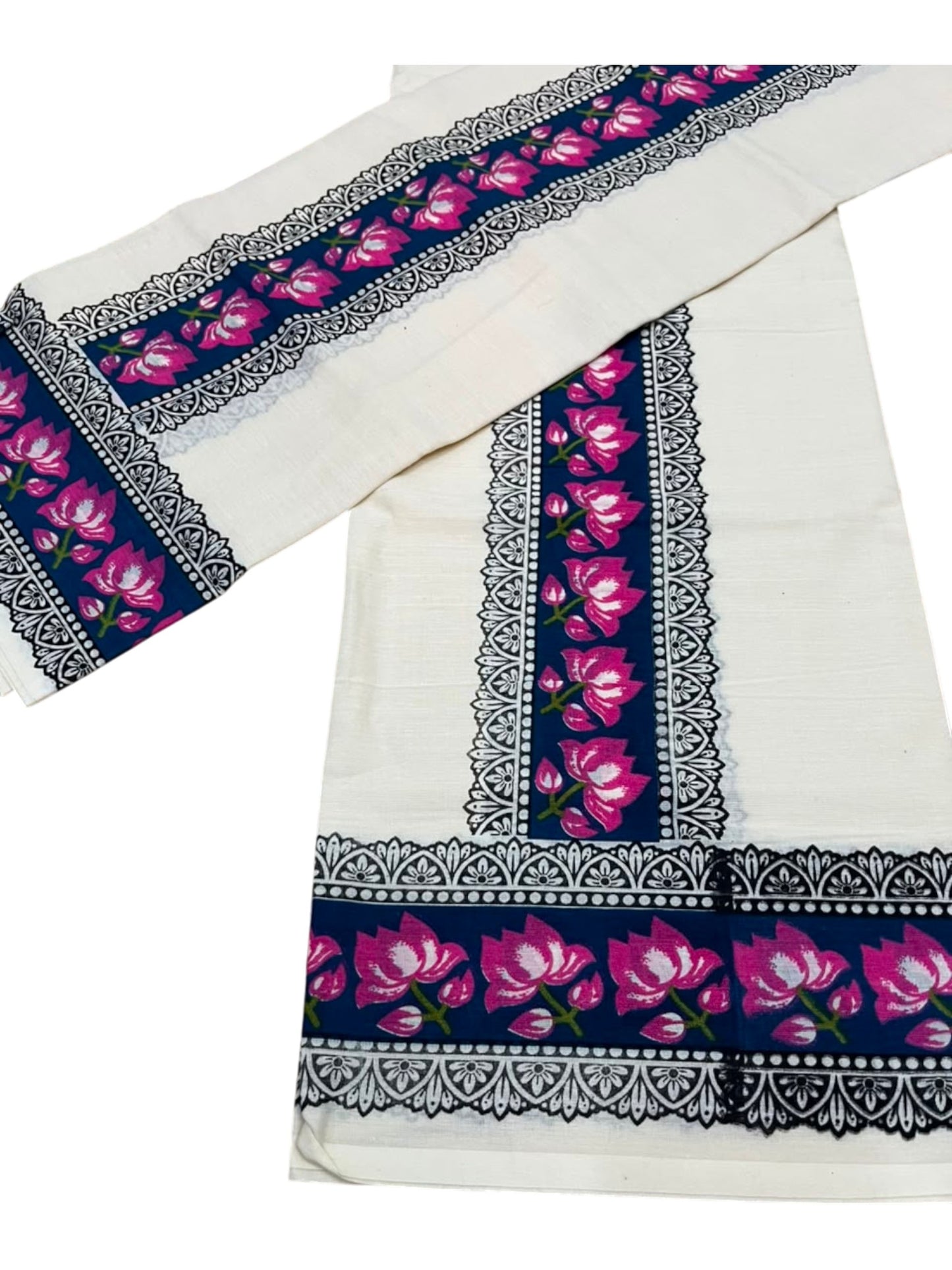 Southloom Pure Cotton Kerala Single Set Mundu (Mundum Neriyathum) with Lotus Digital Prints in Blue2.80 Mtrs SL549