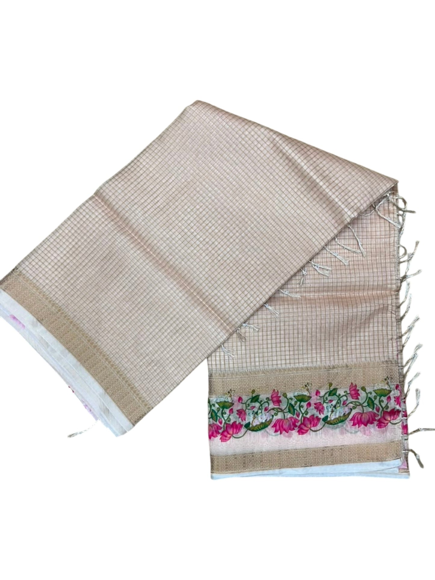 Southloom Chanderi Saree with Check Body And Zari Work with Lotus Mural Print