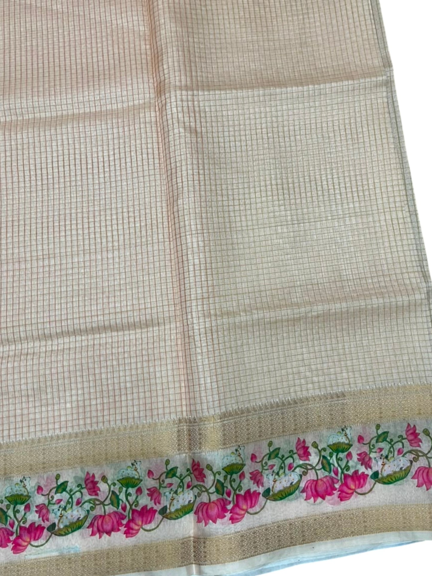 Southloom Chanderi Saree with Check Body And Zari Work with Lotus Mural Print