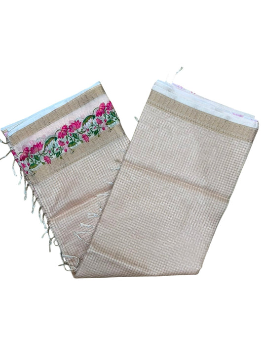 Southloom Chanderi Saree with Check Body And Zari Work with Lotus Mural Print SL554