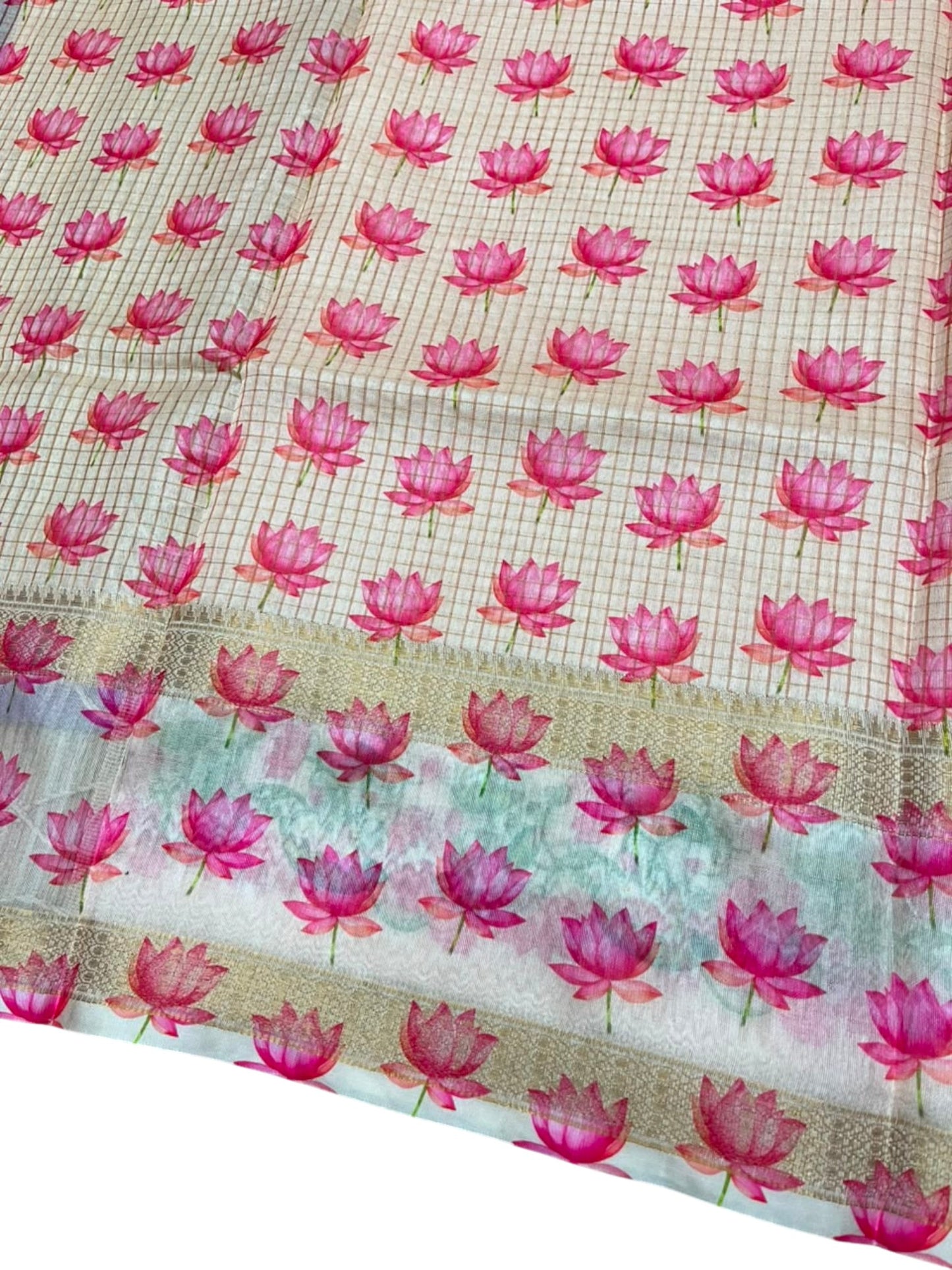 Southloom Chanderi Saree with Check Body And Zari Work with Lotus Mural Print