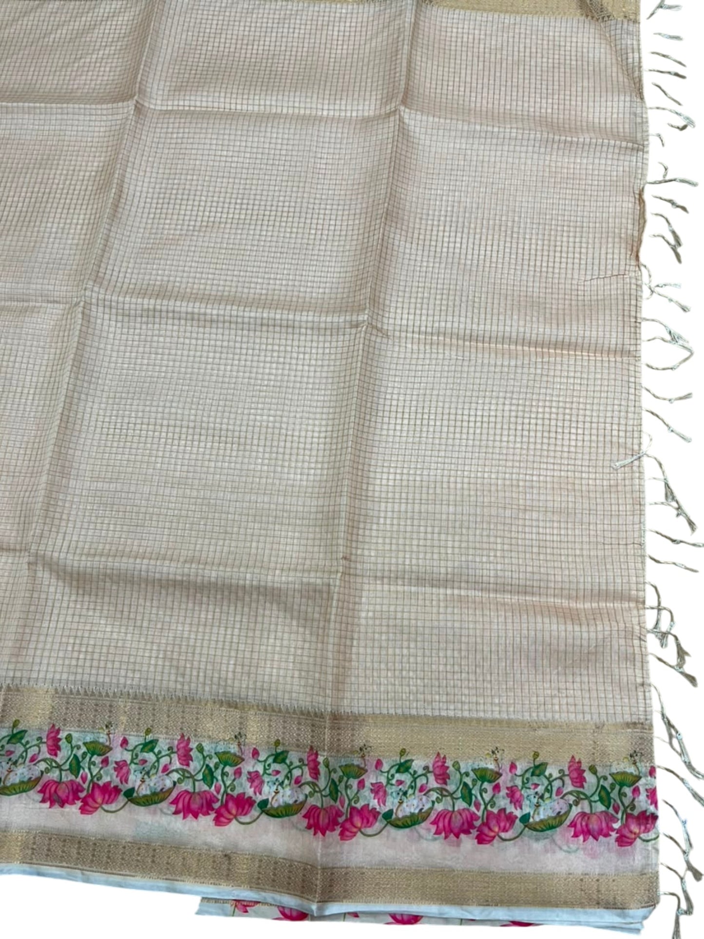Southloom Chanderi Saree with Check Body And Zari Work with Lotus Mural Print