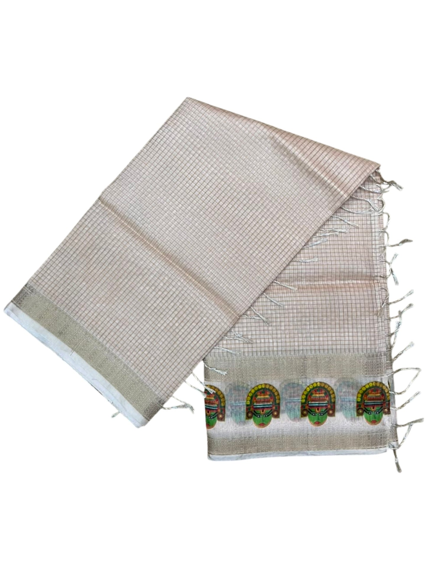 Southloom Chanderi Saree with Check Body And Zari Work with Kathakali Mural Print