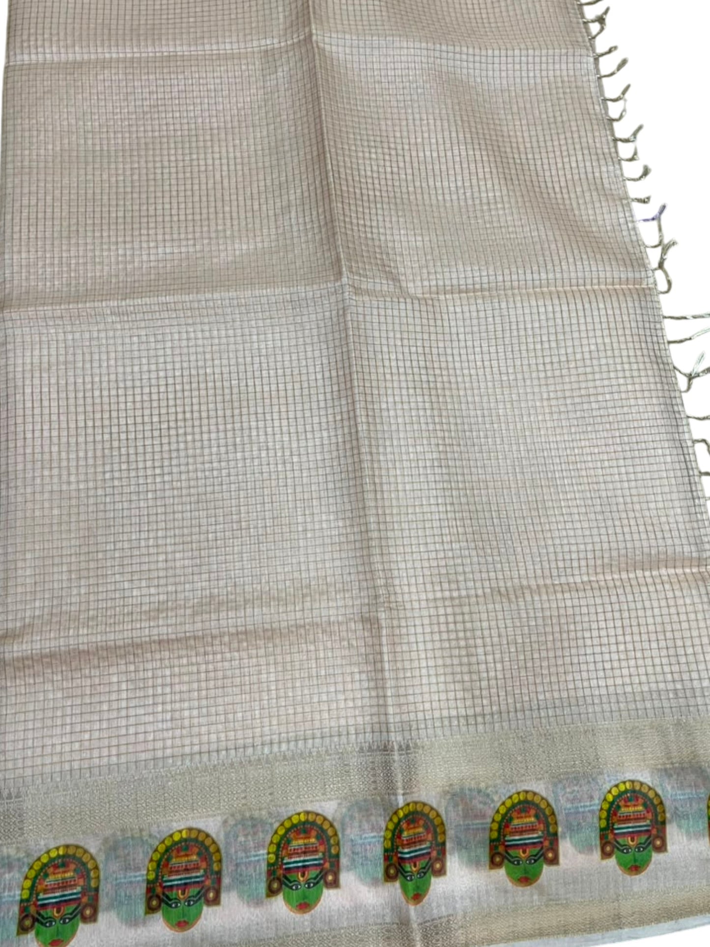 Southloom Chanderi Saree with Check Body And Zari Work with Kathakali Mural Print