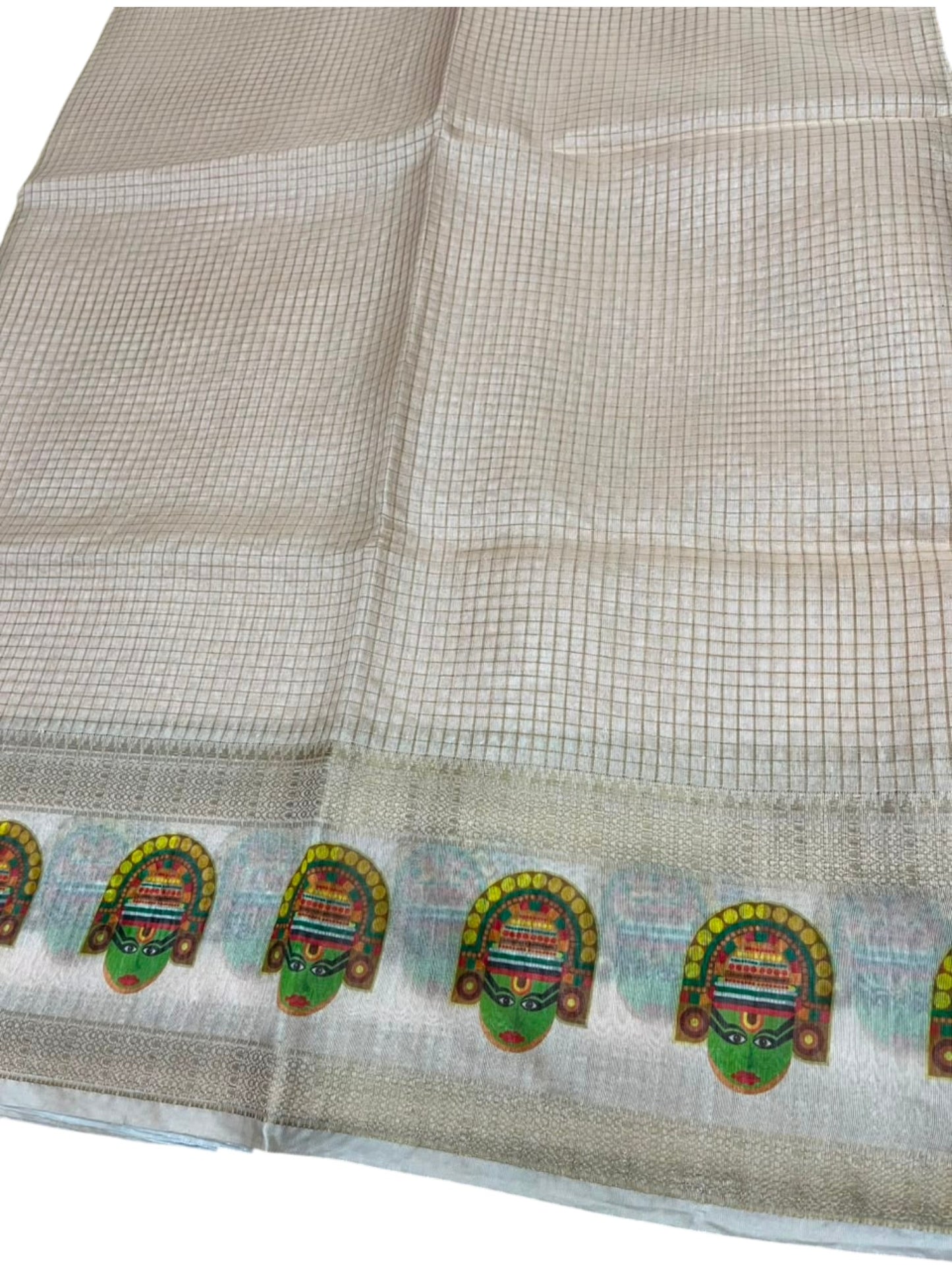 Southloom Chanderi Saree with Check Body And Zari Work with Kathakali Mural Print