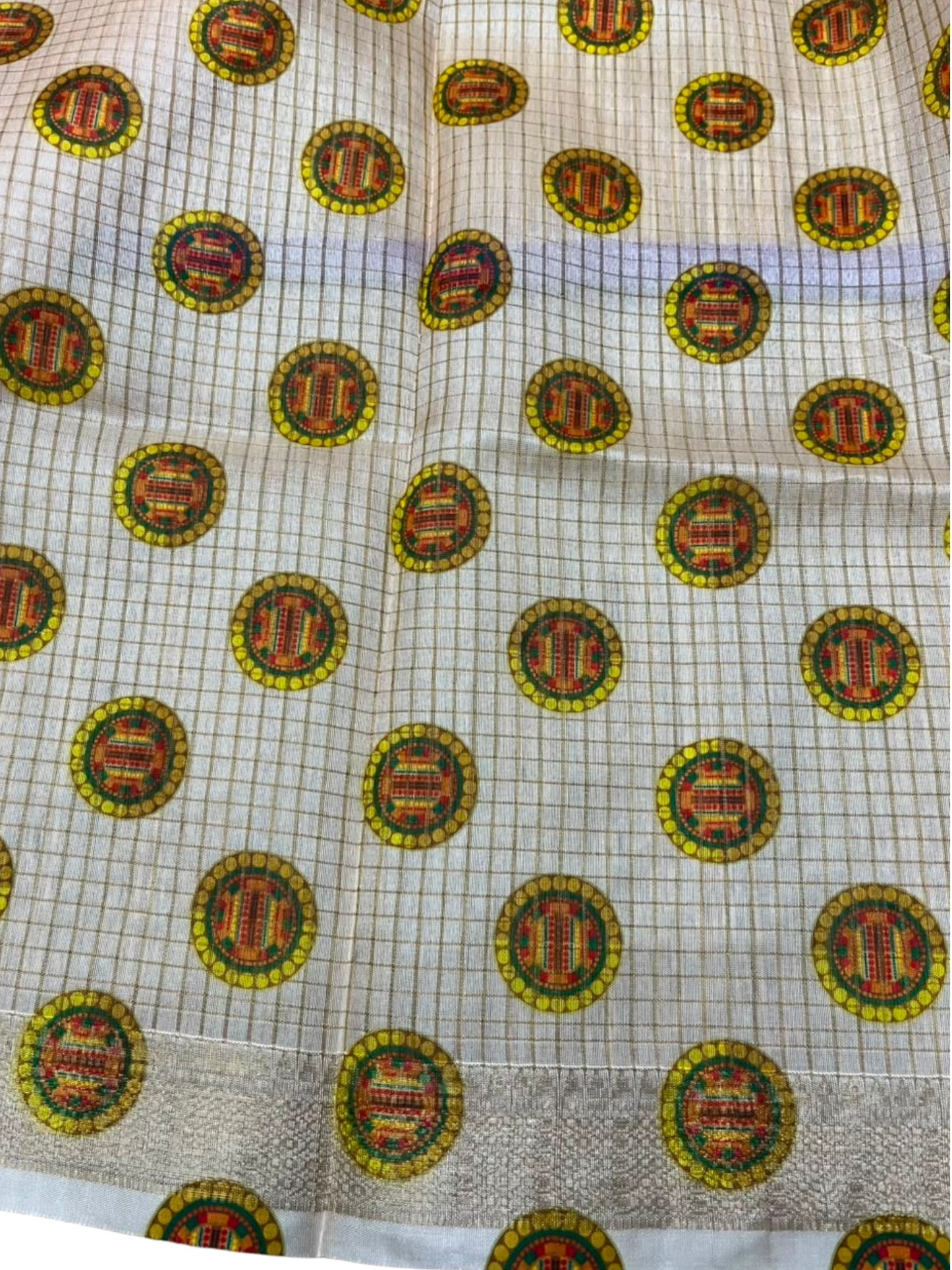Southloom Chanderi Saree with Check Body And Zari Work with Kathakali Mural Print