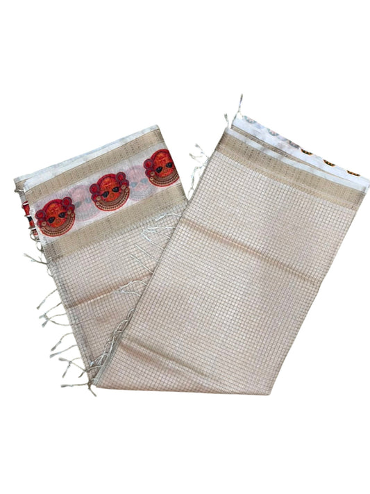 Southloom Chanderi Saree with Check Body And Zari Work with Theyyam Mural Print SL554
