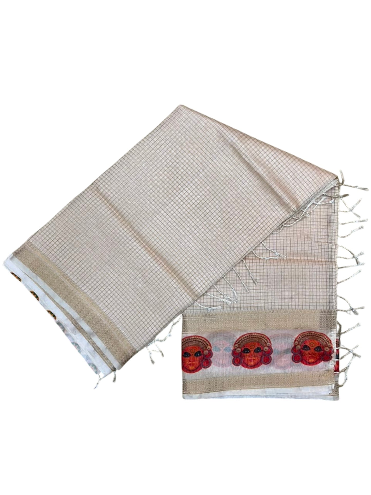 Southloom Chanderi Saree with Check Body And Zari Work with Theyyam Mural Print
