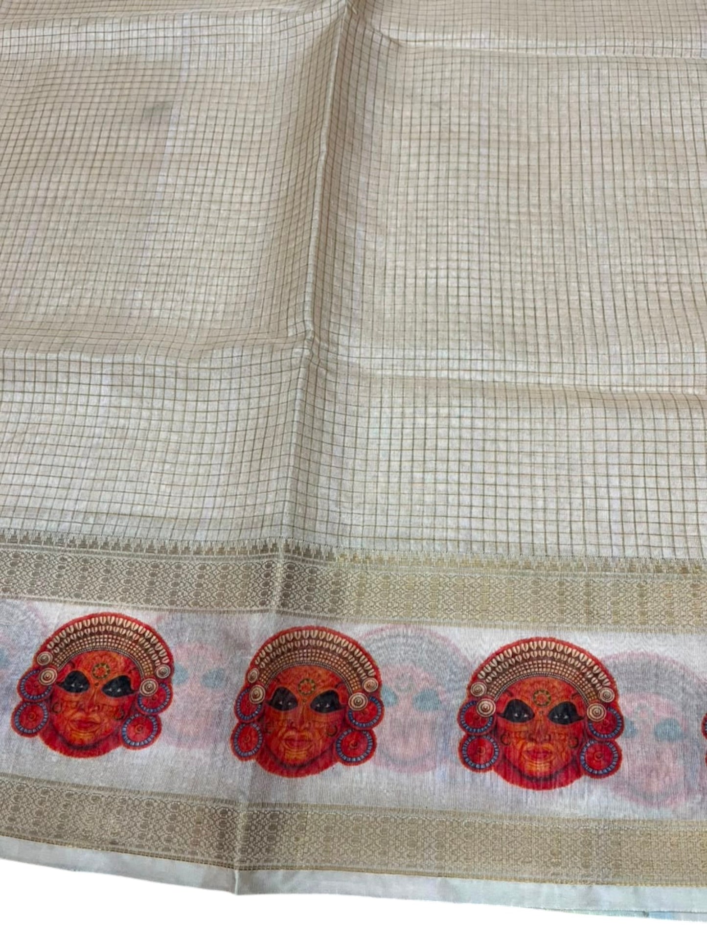 Southloom Chanderi Saree with Check Body And Zari Work with Theyyam Mural Print