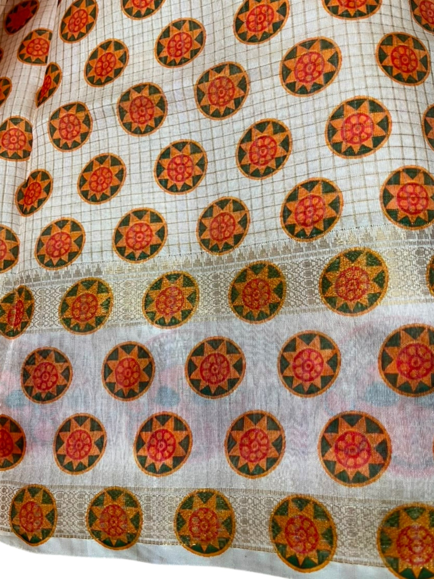 Southloom Chanderi Saree with Check Body And Zari Work with Theyyam Mural Print